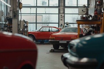 Naklejka premium Car repair shop bustling with activity featuring multiple vintage vehicles during daylight hours