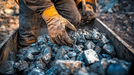 Close up of coal mining with worker's glove handling dark mineral pieces