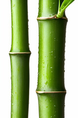 Fototapeta premium Two green bamboo stalks stand upright, showcasing their smooth texture and vibrant color, with droplets of water glistening on their surface.