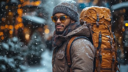 A winter explorer joyfully embraces the snowy scene with a rugged pack