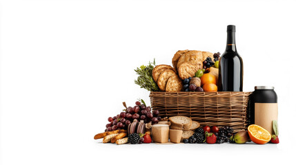 Naklejka premium Picnic Basket with Wine and Fruits