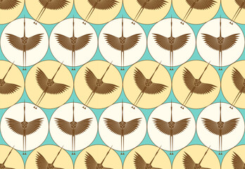 Herons in Art Deco style. Seamless Pattern for interior decoration, textiles. Fashionable home decor. Vector illustration texture isolated on vintage colors background