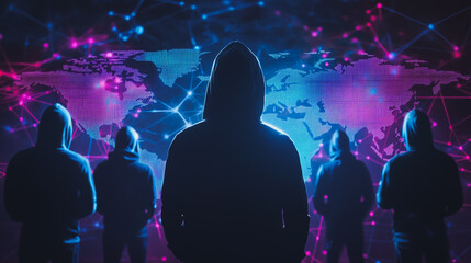 Obraz premium Hacker are planning to hack and attack networks and cyber security systems.team people innovation connection of line from nail node to node on map background , networking concept