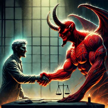 Handshake between man and demon, devil. Temptation, deal with the devil