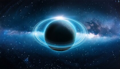 Obraz premium 깊은 우주 속에서 빛나는 고리 형태의 행성, 행성 주위에 떠다니는 작은 별들이 강조된 장면