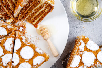 Traditional layered honey cake slices.