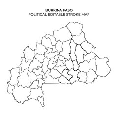 This detailed map displays the political boundaries of Burkina Faso. It highlights various regions and subdivisions, allowing for easy customization in design projects.