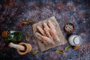 Raw semi finished frozen products, meals.
