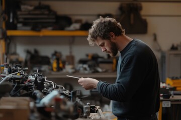 Man checks oil level in a workshop using a dipstick while examining a vehicle