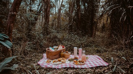 Fototapeta premium Enchanted Forest Picnic, Romantic Outdoor Feast with Basket and Drinks