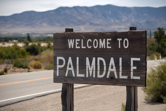 Welcome to Palmdale California Rustic Wooden Sign with Desert Landscape and Blue Sky Background
