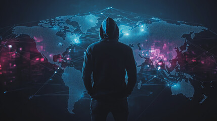 Obraz premium Hacker are planning to hack and attack networks and cyber security systems.team people innovation connection of line from nail node to node on map background , networking concept