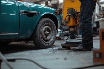 Repair process of a classic car experiencing paint damage in an auto shop during the day