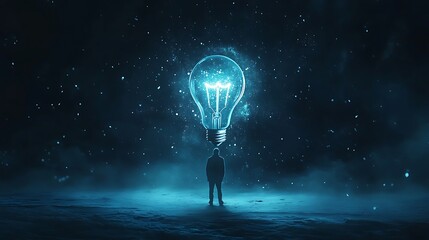 Luminous bulb emitting glowing particles in a serene shadowy ambiance