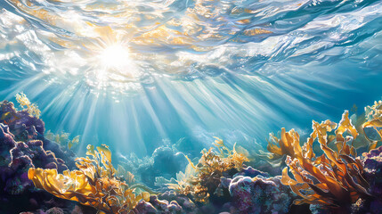 A stunning photo of a coral reef beneath crystal-clear waves, featuring vibrant seaweed in the foreground and radiant sunlight filtering through the surface. Radiant Reef. Illustration