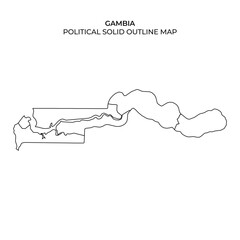 A solid outline representation of Gambia displays its political borders and unique shape, highlighting the geographical layout of the country clearly against a plain background.