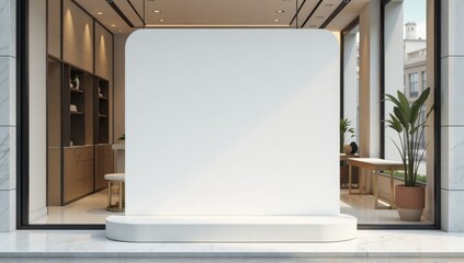 Blank roll-up banner stands outside a store window, ready for advertising or branding. Mockup.