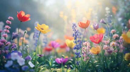 Fototapeta premium garden background, colorful flowers blooming in spring, beautiful flower garden view