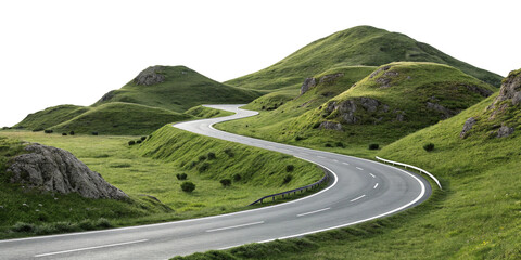 Winding Road Through Green Hills: A scenic asphalt road curves gracefully through rolling green hills, offering a captivating view of nature's beauty and a sense of adventure.