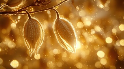Backlit seed pods glow in golden bokeh.