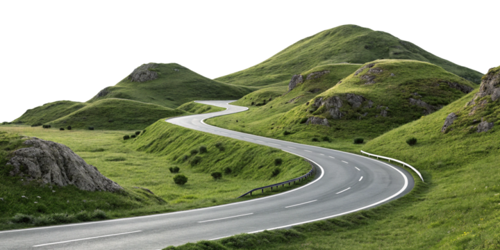 Winding Road Through Green Hills: A scenic asphalt road curves gracefully through rolling green hills, offering a captivating view of nature's beauty and a sense of adventure.