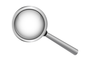 Vector illustration of a magnifying glass with metal handle and transparent lens. Suitable for design on the theme of search, research, investigation or discovery, as well as for interface icons.