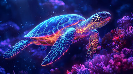 Glowing neon turtle. Radiant Reef. Illustration