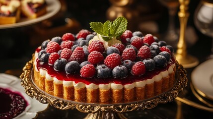 Side view of delicious blueberries cheese cake well decorated with berries, mint and jam in high cuisine restaurant.