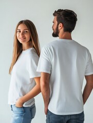 Obraz premium Young couple wearing white t shirts and jeans posing back to back