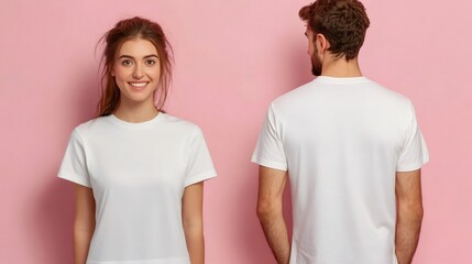 Young couple wearing white t shirts on pink background, front and back views