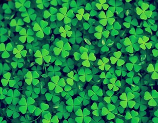 Green clover leaves covering the ground in a lush field on a sunny day in springtime