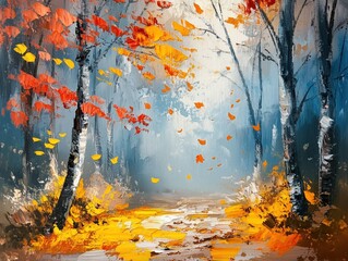 A painting of a path with trees and leaves on the ground