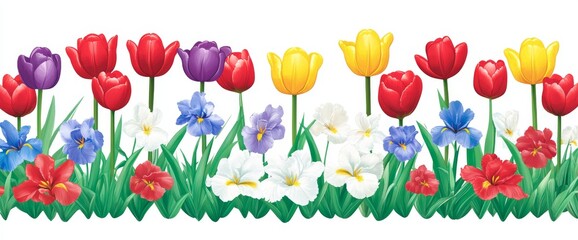 A delightful collection of vivid spring flowers isolated on a white background. Perfect for conveying Mother's Day and Women's Day sentiments. Features plenty of space for text, viewed from above,