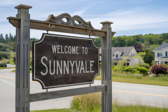 Welcome to Sunnyvale California Sign with Vibrant Blue Sky and Lush Greenery, Iconic City Entrance in Silicon Valley, United States