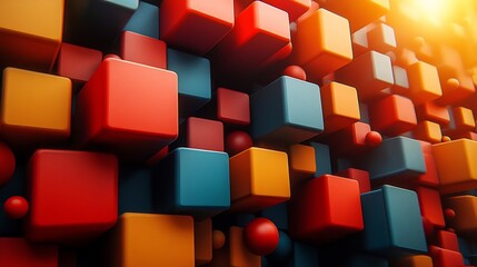 Abstract Colorful Cubes 3D Render: A vibrant composition of red, orange, and blue cubes, creating a dynamic and visually striking abstract artwork.