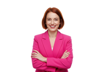 A cheerful woman wearing a pink blazer, with arms crossed, smiling confidently isolated on transparent background