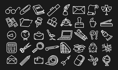 Forty cute doodles imitating children's drawings. Office objects, stationery and other. White icons and symbols on a black background. Vector set