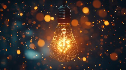 Light bulb shining with soft luminous particles in a peaceful shadowy ambiance