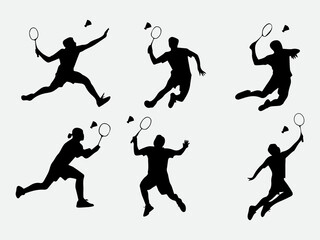 Set of silhouettes of Badminton sport vector players in action design