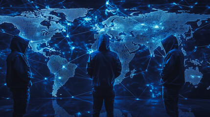 Obraz premium Hacker are planning to hack and attack networks and cyber security systems.team people innovation connection of line from nail node to node on map background , networking concept