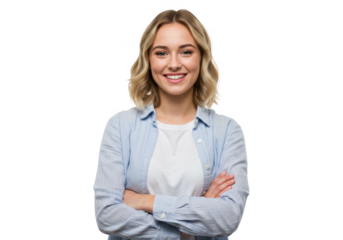 A young woman wearing a light blue striped shirt over a white T-shirt, arms crossed, smiling warmly isolated on transparent background