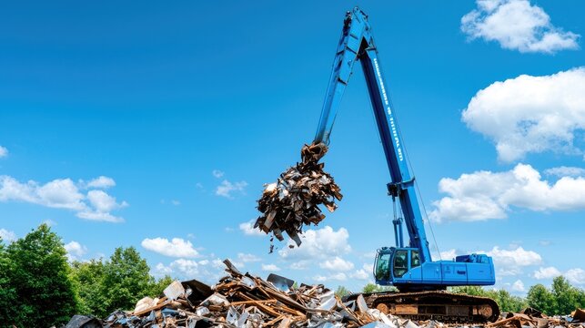 Scrap metal recycling machine lifts scrap outdoors