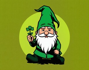 Green gnome holding a shamrock in a cheerful, cartoon style illustration on a light green background