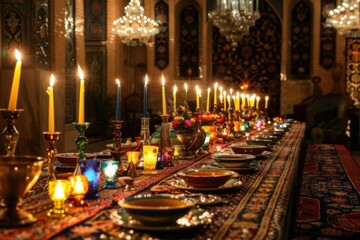 Obraz premium Nowruz: a long banquet table adorned with glowing candles, colorful Persian dishes, and luxurious tableware, set against a backdrop of a high-end venue