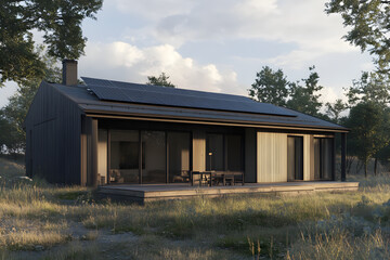 Modern house with solar panels on the roof and a swimming pool in front of it