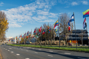 street many flag different countries Parade World Forum The Hague Netherlands Vlaggenparade Den Haag