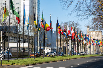 street many flag different countries Parade World Forum The Hague Netherlands Vlaggenparade Den Haag