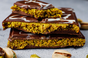 Dubai chocolate bar with pistachio paste and kadaif dough