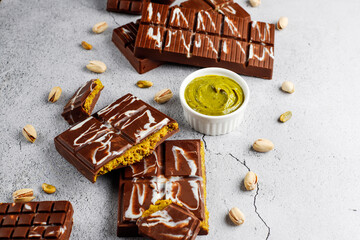 Dubai chocolate bar with pistachio paste and kadaif dough