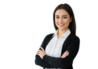A woman in professional attire, wearing a white shirt and black cardigan, standing with arms crossed, smiling warmly isolated on transparent background